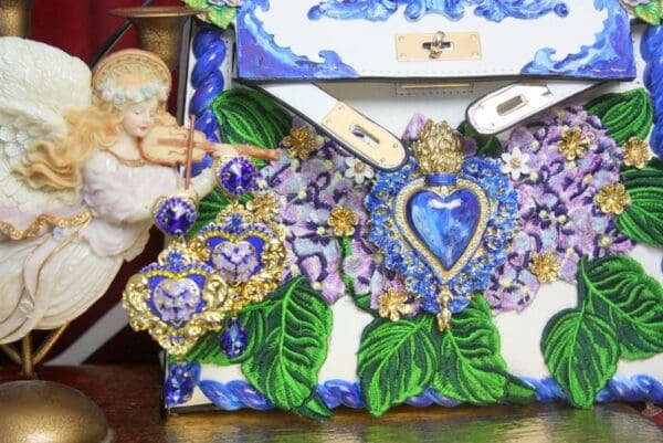 SOLD! 3357 Baroque Hand Painted Hydrangea Sacred Heart Tote Crossbody Handbag - Image 9
