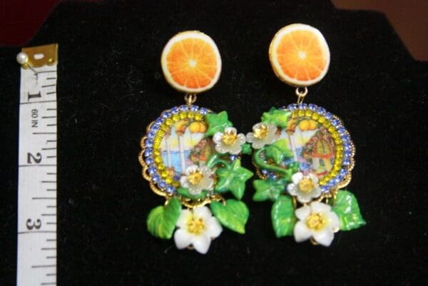 SOLD! 3383 Sicilian Tile Taormina Print Orange Fruit Tassel Studs Earrings - Image 7