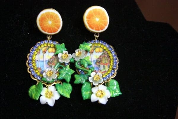 SOLD! 3383 Sicilian Tile Taormina Print Orange Fruit Tassel Studs Earrings - Image 8