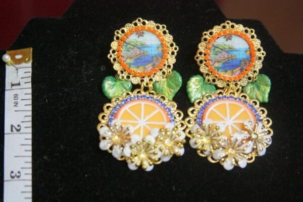 SOLD! 3384 Sicilian Tile Taormina Print Orange Fruit Tassel Studs Earrings - Image 6