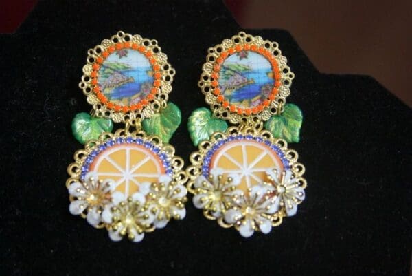 SOLD! 3384 Sicilian Tile Taormina Print Orange Fruit Tassel Studs Earrings - Image 7