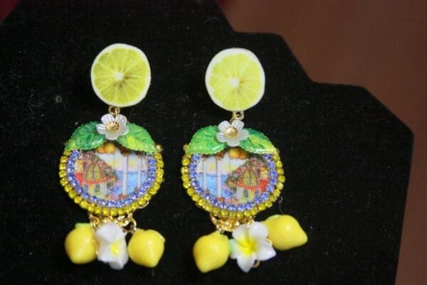 SOLD! 3386 Sicilian Lemon Cameo Taormina Flower Lemon Earrings - Image 8