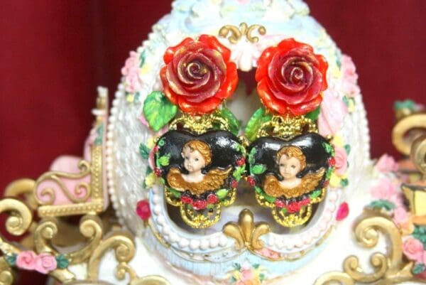 SOLD! 3388 Hand Painted Rococo Black Heart Red Rose Studs Earrings - Image 2