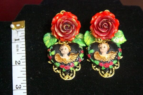 SOLD! 3388 Hand Painted Rococo Black Heart Red Rose Studs Earrings - Image 8