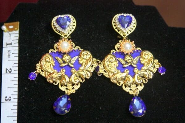 SOLD! 3395 Total Baroque Cherub Blue Heart Gold Curves Dangle studs Earrings - Image 8