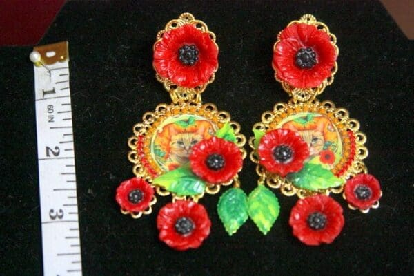 SOLD! 3396 Victorian Cat Print Poppy Daisy Leaf Stunning Studs Earrings - Image 6
