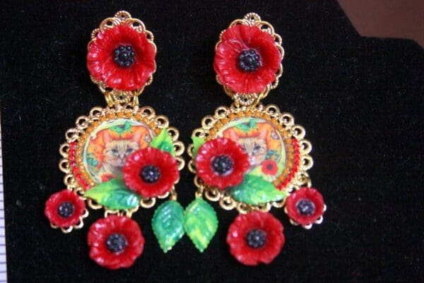 SOLD! 3396 Victorian Cat Print Poppy Daisy Leaf Stunning Studs Earrings - Image 7