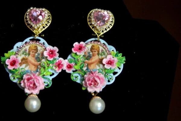SOLD! 3401 Victorian Adorable Valentine Hand Painted Pearl Flower Earrings - Image 6