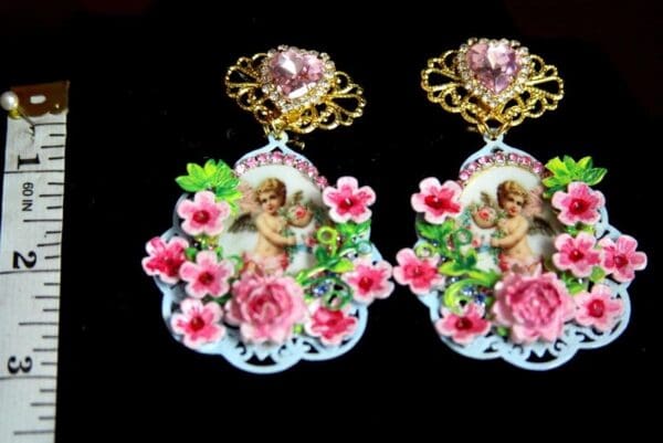 SOLD! 3405 Victorian Adorable Valentine Hand Painted Flower Earrings - Image 6