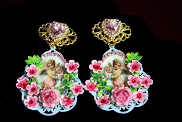 SOLD! 3405 Victorian Adorable Valentine Hand Painted Flower Earrings - Image 7