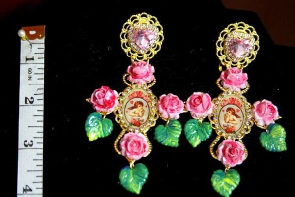 SOLD! 3408 Victorian Adorable Cross Valentine Hand Painted Flower Earrings - Image 6
