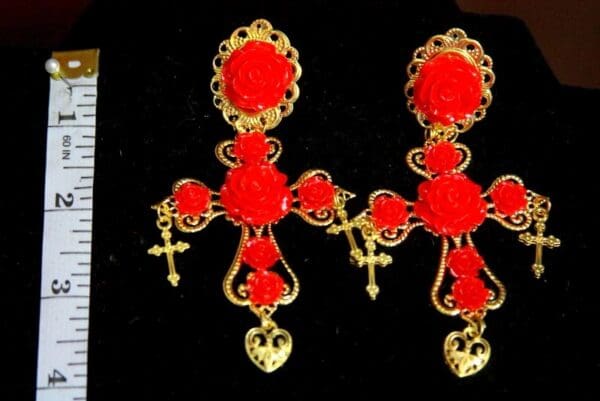 SOLD! 3412 Total Baroque Red Rose Cross Studs Earrings - Image 6