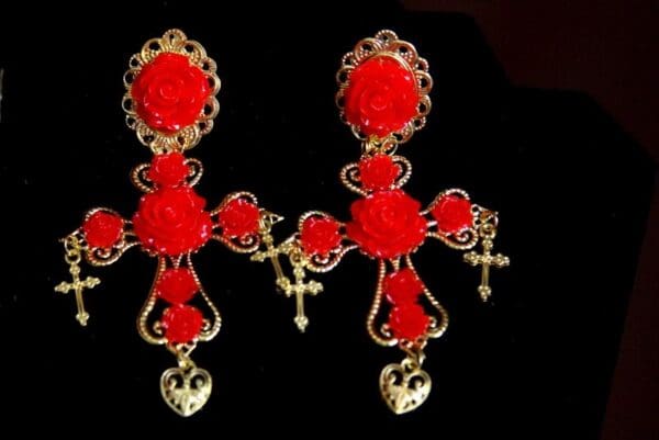 SOLD! 3412 Total Baroque Red Rose Cross Studs Earrings - Image 7