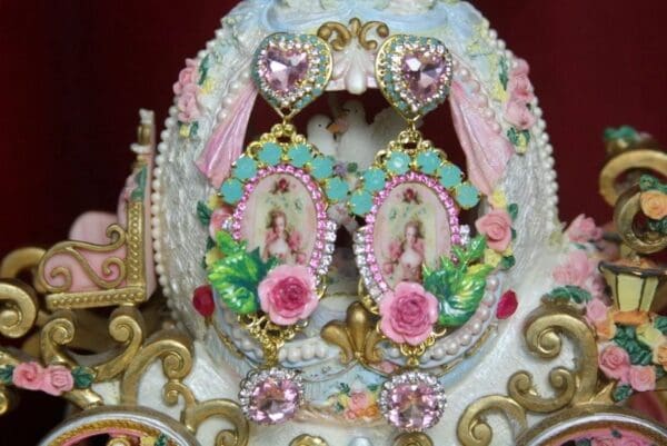 SOLD! 3422 Young Marie Antoinette Pink Crystal Hand Painted Leaf Rose Elegant Earrings Studs - Image 3