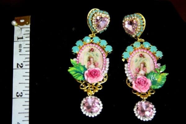 SOLD! 3422 Young Marie Antoinette Pink Crystal Hand Painted Leaf Rose Elegant Earrings Studs - Image 4