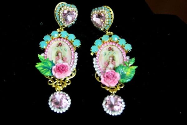 SOLD! 3422 Young Marie Antoinette Pink Crystal Hand Painted Leaf Rose Elegant Earrings Studs - Image 5