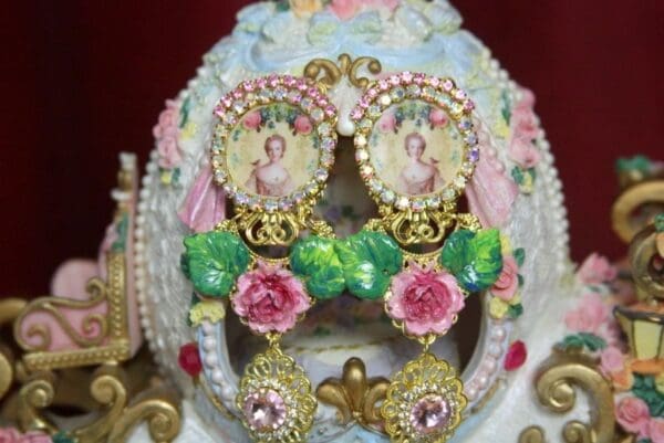 SOLD! 3423 Young Marie Antoinette Pink Crystal Hand Painted Leaf Rose Elegant Earrings Studs - Image 2