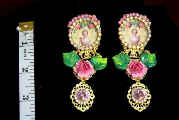 SOLD! 3423 Young Marie Antoinette Pink Crystal Hand Painted Leaf Rose Elegant Earrings Studs - Image 6