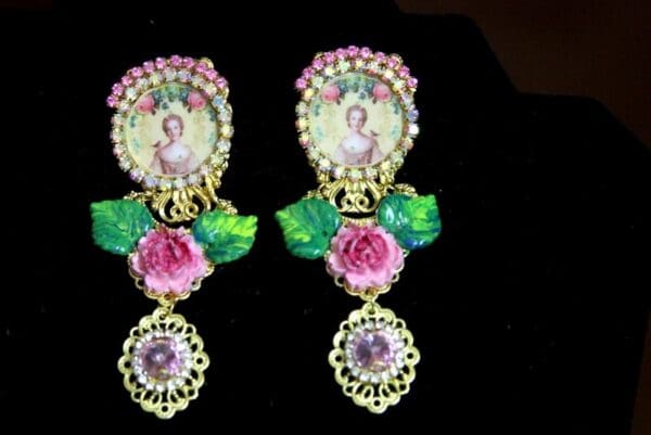 SOLD! 3423 Young Marie Antoinette Pink Crystal Hand Painted Leaf Rose Elegant Earrings Studs - Image 7
