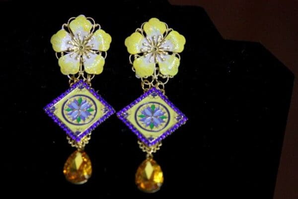 SOLD! 3431 Sicilian Tile Enamel Flower Blue Crystal Studs Earrings - Image 8