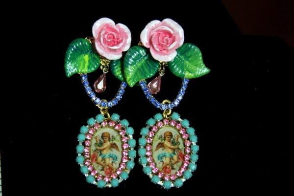 SOLD! 3432 Victorian Adorable Valentine Hand Painted Flower Earrings - Image 8