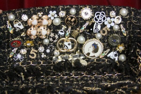 SOLD! 3441 Madam Coco Tweed Embellished Brooches Crossbody Handbag - Image 4