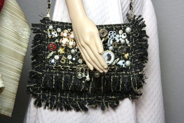 SOLD! 3441 Madam Coco Tweed Embellished Brooches Crossbody Handbag - Image 6