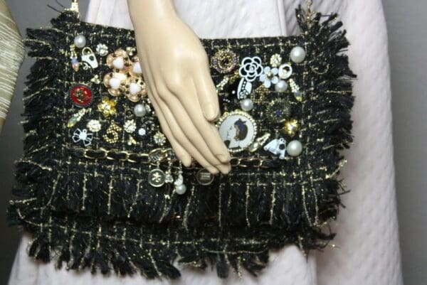 SOLD! 3441 Madam Coco Tweed Embellished Brooches Crossbody Handbag - Image 7