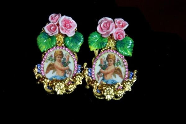 SOLD! 3442 Victorian Adorable Valentine Hand Painted Flower Earrings - Image 7