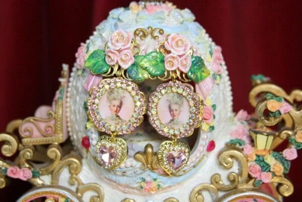 SOLD! 3453 Young Marie Antoinette Pink Crystal Hand Painted Leaf Rose Elegant Earrings Studs - Image 2