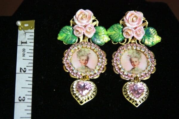 SOLD! 3453 Young Marie Antoinette Pink Crystal Hand Painted Leaf Rose Elegant Earrings Studs - Image 3