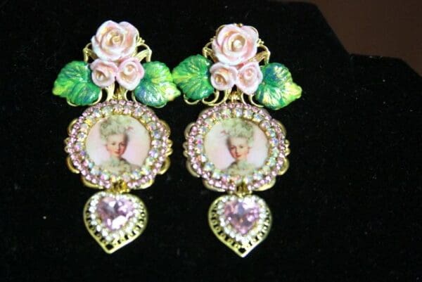 SOLD! 3453 Young Marie Antoinette Pink Crystal Hand Painted Leaf Rose Elegant Earrings Studs - Image 4