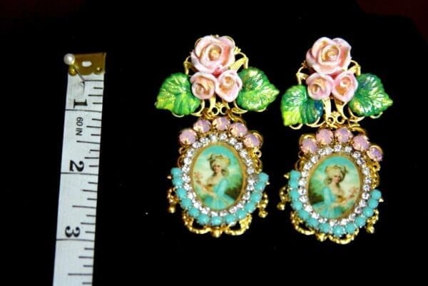 SOLD! 3254 Aqua Young Marie Antoinette Pink Crystal Hand Painted Leaf Rose Elegant Earrings Studs - Image 3