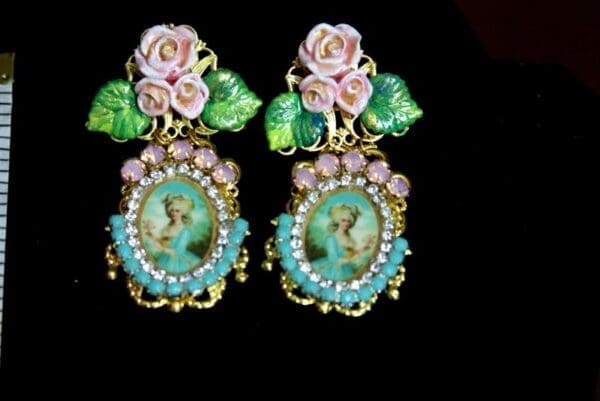 SOLD! 3254 Aqua Young Marie Antoinette Pink Crystal Hand Painted Leaf Rose Elegant Earrings Studs - Image 4