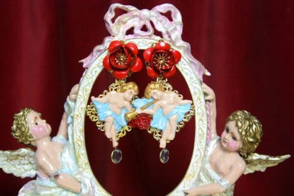 SOLD! 3483 Total Baroque Faced Hand Painted Rose Cherubs Angel Studs Earrings - Image 6
