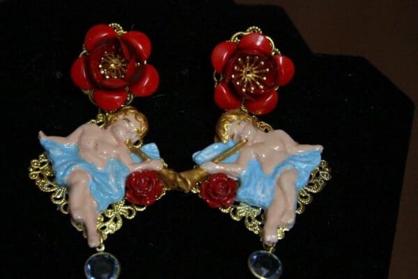 SOLD! 3483 Total Baroque Faced Hand Painted Rose Cherubs Angel Studs Earrings - Image 8