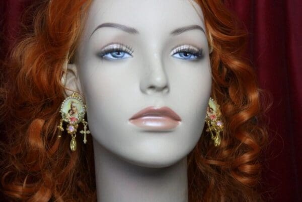 SOLD! 3493 Virgin Mary Cameo Pearl Cross Crystal Pearl Elegant Statement Earrings Studs - Image 6