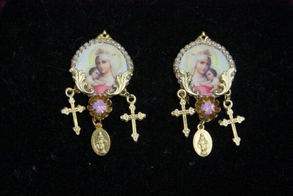 SOLD! 3493 Virgin Mary Cameo Pearl Cross Crystal Pearl Elegant Statement Earrings Studs - Image 7