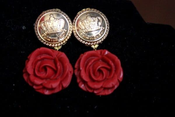 SOLD! 3495 Baroque Designer Inspired Crown Rose Earrings Studs - Image 3