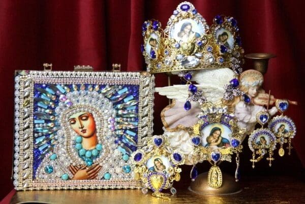 SOLD! 3499 Set Of Virgin Mary Madonna Blue Crystal Necklace+ Earrings - Image 2