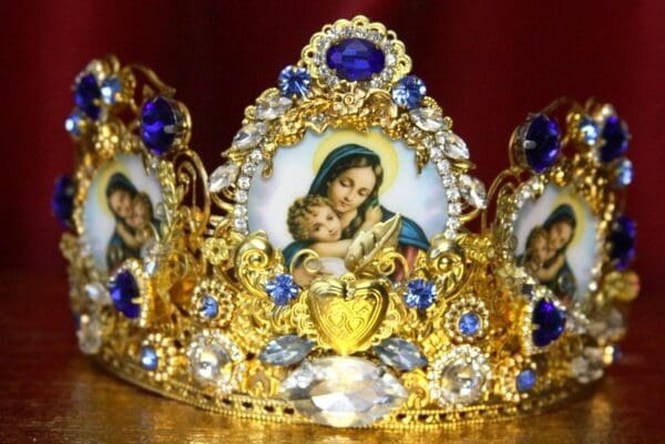 SOLD! 3501 Set Of Virgin Mary Madonna Cameo Blue Crystal Stunning Crown+ Earrings - Image 3