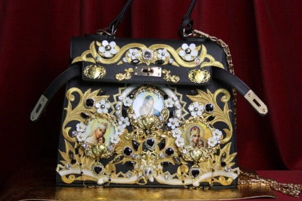 SOLD! 3502 Baroque Madonna Virgin Mary Cameo Embellished Crystal Heart Tote Crossbody Handbag - Image 3