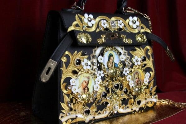 SOLD! 3502 Baroque Madonna Virgin Mary Cameo Embellished Crystal Heart Tote Crossbody Handbag - Image 4