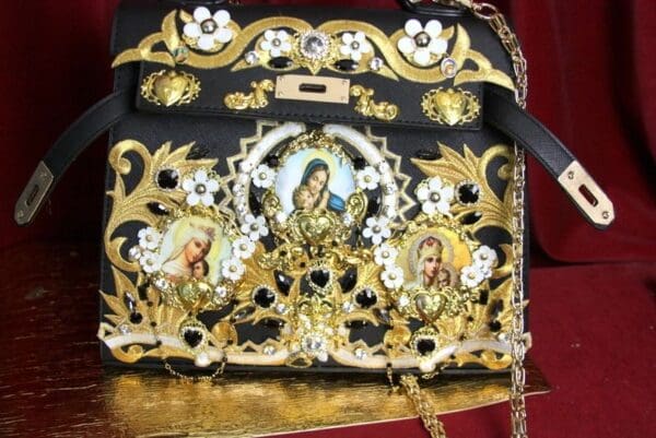 SOLD! 3502 Baroque Madonna Virgin Mary Cameo Embellished Crystal Heart Tote Crossbody Handbag - Image 6