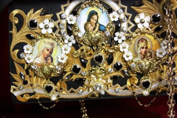 SOLD! 3502 Baroque Madonna Virgin Mary Cameo Embellished Crystal Heart Tote Crossbody Handbag - Image 7