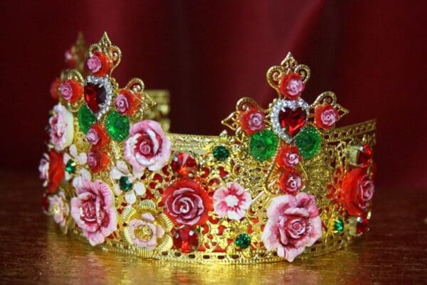 SOLD! 3503 Baroque Hand Painted Roses Cross Crystal Flower Crown Headband - Image 2