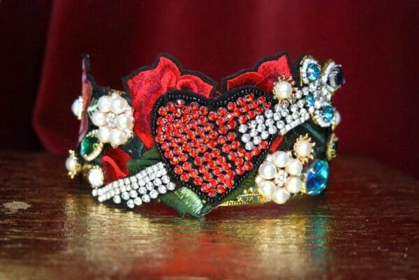 SOLD! 3504 Unusual Baroque Heart Applique Cross Crystal Flower Crown Headband - Image 2