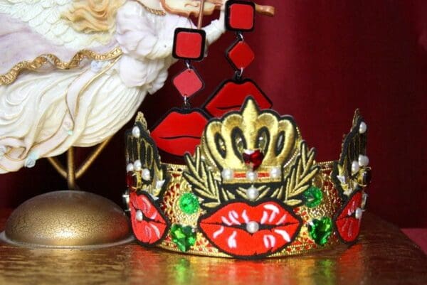 SOLD! 3505 Set Of Earrings + Unusual Baroque Lips Crown Applique Cross Crystal Flower Crown Headband - Image 2