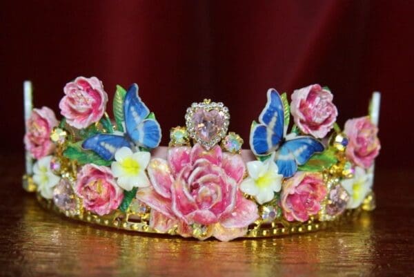 SOLD! 3510 Hand Painted Pink Flower Butterfly Crystal Headband - Image 5