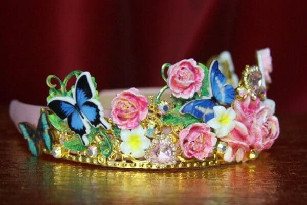 SOLD! 3510 Hand Painted Pink Flower Butterfly Crystal Headband - Image 3